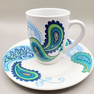 Royal Norfolk White, Blue & Green Paisley Mug & Saucer Set, Set of 2